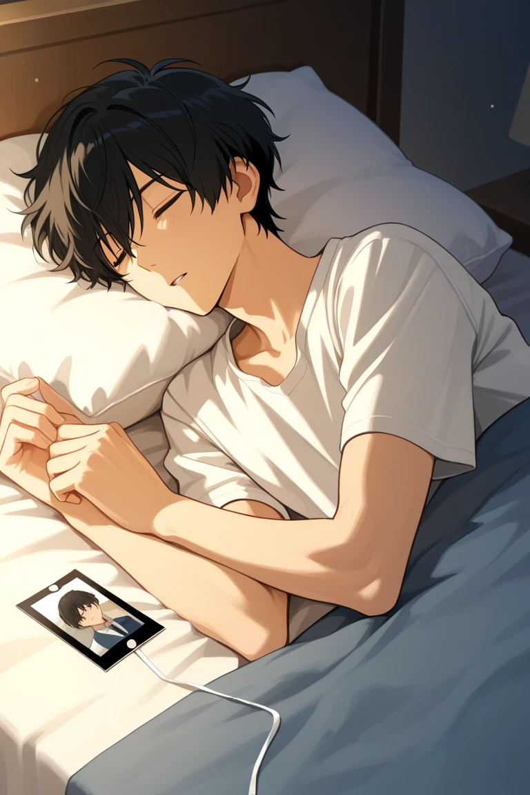 A low-angle 2D anime-style digital illustration showing a young man sleeping deeply on a bed, viewed from the side. The lighting is soft and warm, suggesting early morning or late evening. The boy has relaxed features, lying on his side with a calm expression, arms resting naturally. Beside him on the bed, near his chest or pillow, is a small photo frame—clearly visible but gently placed. The frame contains a photo of five happy ren together, representing a precious memory. The sheets and pillows have slight creases, adding realism. The atmosphere is peaceful, nostalgic, and emotionally touching.