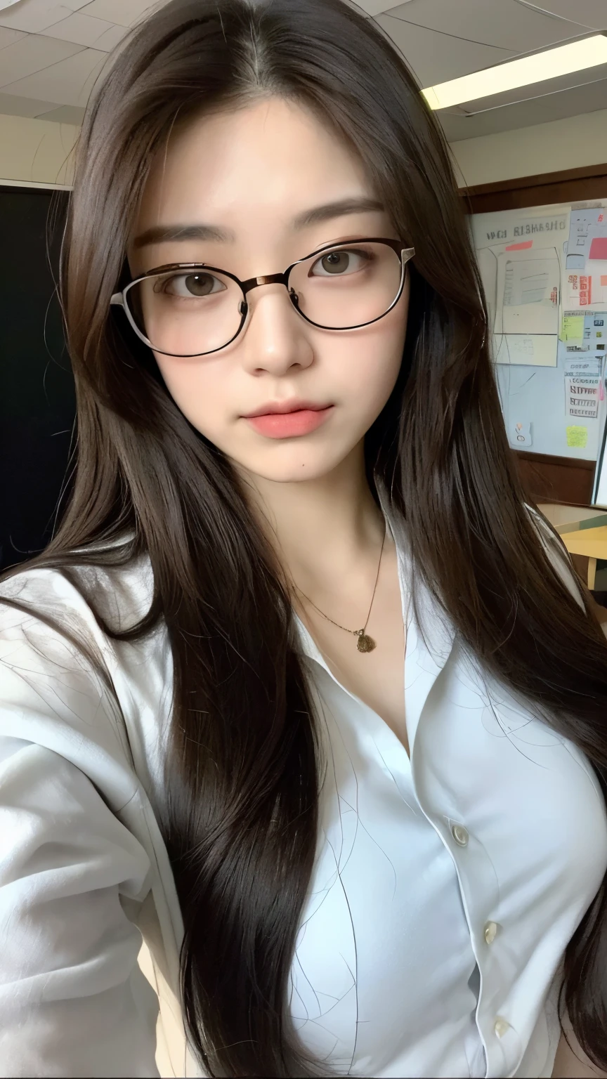 ((Best Quality, 8K, Masterpiece: 1.3)), Sharp: 1.2, Perfect Body Beauty: 1.4, Slim Abs: 1.2, ((Layered Hairstyle, Big Breasts: 1.2)), (Wet White Button Long Shirt: 1.1), (Rain, Street: 1.2), Wet: 1.5, Highly detailed face and skin texture, teacher, glasses, black bra, in class room, detailed eyes, double eyelids, side face looking at the camera