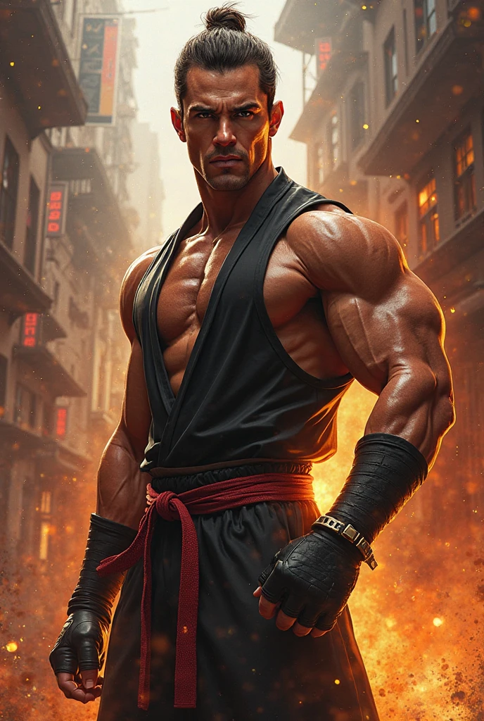 Best picture quality, tmasterpiece, 超高分辨率, Meticulous background, hentail realism, illustration, A single boy, Street scene, strong muscle, voluminetric lighting, Depth of field effect, close-up all over the body, There is a beard, Monks dressed in shabby clothes, Martial monk image, aged 40, mature, Older,bald-headed,National character face,Strong body。