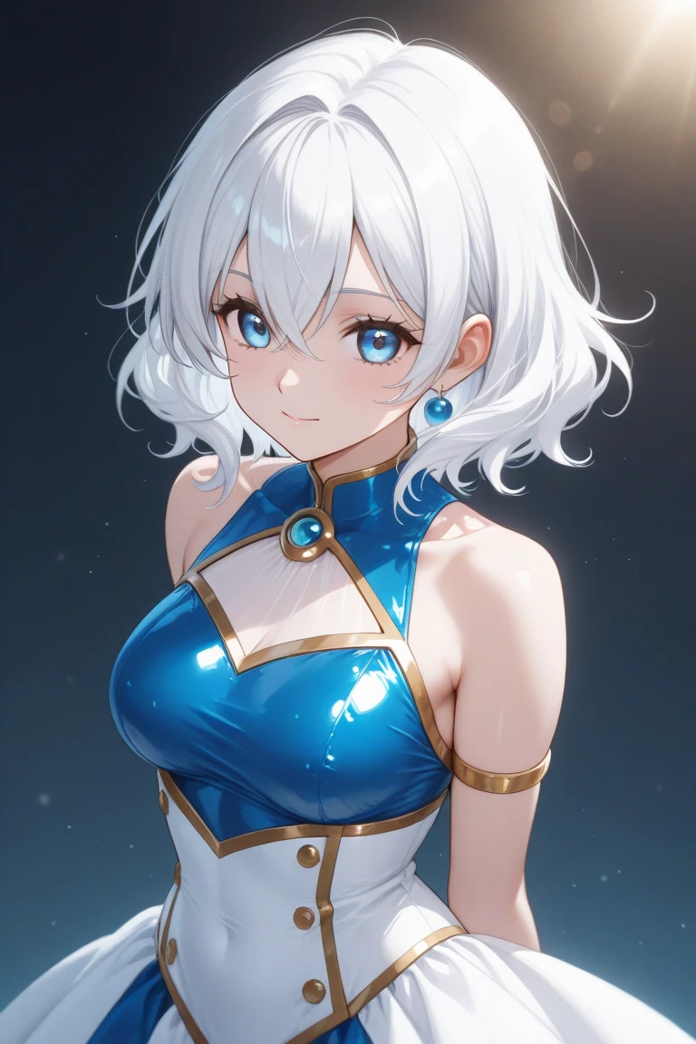 Adult woman, short white hair, blue eyes, ssmile, blue lipstick, The Queen's Transparent Dress, Gold Elements, Sleeveless, big breastes, open breasts, neckline on the chest, hiquality, 4k, HD, Good detail