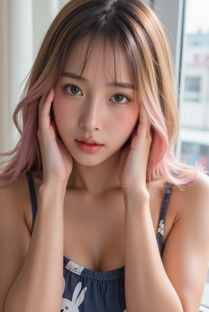 ((best quality)), ((masterpiece)), (detailed), perfect face, cute girl, nude, pink hair, fullbody, naked, all body parts covered except hands and face, round eye, 17 year old, facing forward to camera, korean mix japanese cute face girl, close up