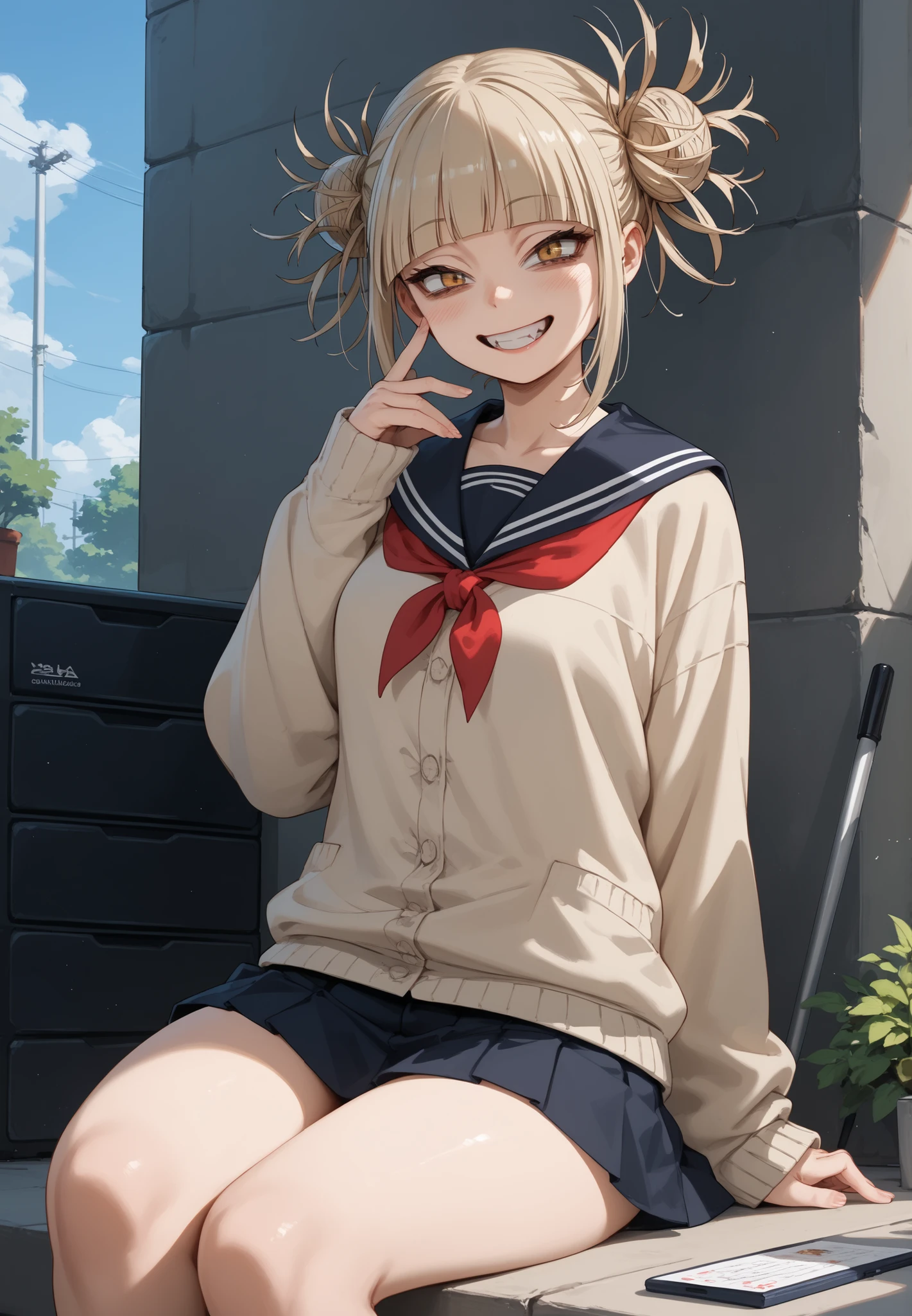 Himiko toga sitting looking backwards at the spectator, smiling