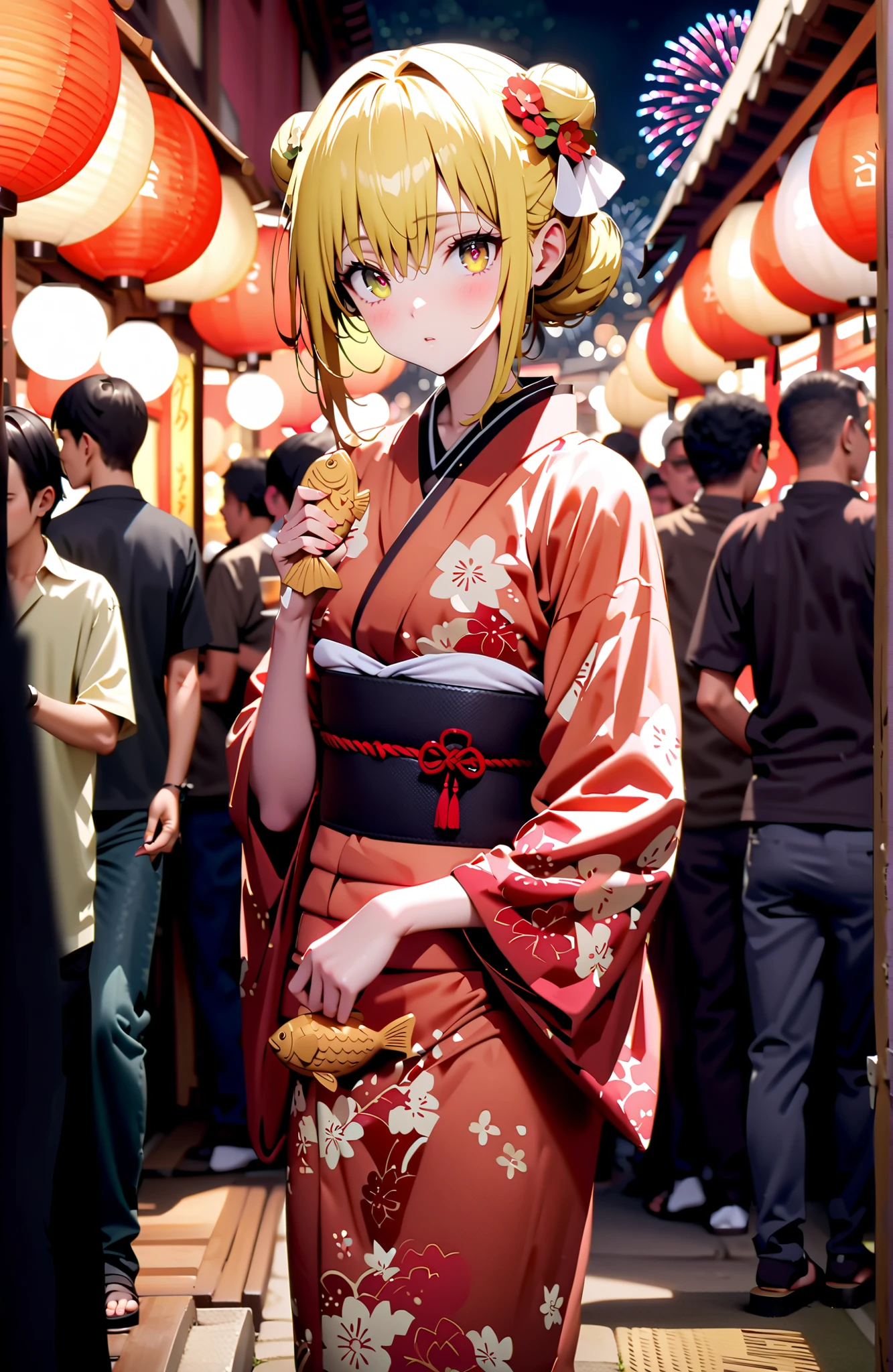 toloverudarkness, darkness, yellow hair, red eyes sitting on toilet seat,side lock,bun hair,Nape,flower hair ornament,Yellow flower pattern kimono ,standing,standing,,Holding a taiyaki in one hand,Light up fireworks,Japanese stalls ,night,Red Lantern,crowd,full bodyがイラストに入るように,break outdoors, Japanese Festival ,
break looking at viewer,full body,
break (masterpiece:1.2),top quality ,Kampala,unity 8k 壁紙,(shape:0.8),( fine, beautiful eyes :1.6),It's a person ,full body写真,CG Details , (perfect hand in h,Complete Anatomy),