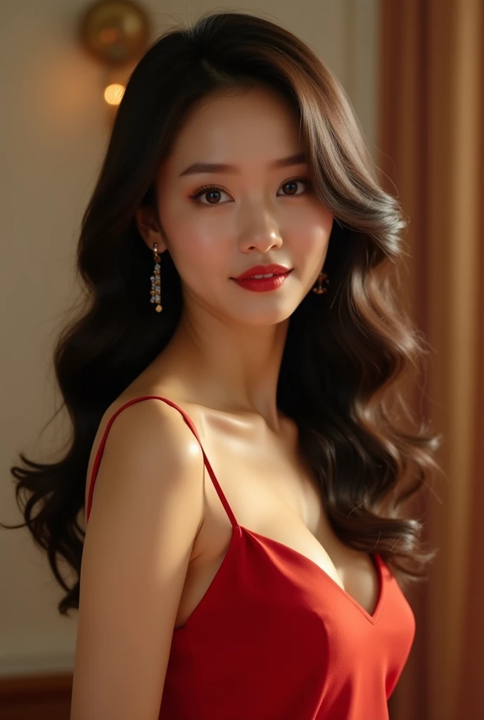 a pregnant Korean woman, beautiful detailed eyes, beautiful detailed lips, extremely detailed eyes and face, long eyelashes, wearing a red and white shoulder-off backless knee-length short bridal dress, high heels, medium length curvy black hair with bangs, photorealistic, ultra-detailed, realistic, 8k, highres, masterpiece, cinematic lighting, dramatic, elegant, beautiful, graceful, fashion, glamorous
