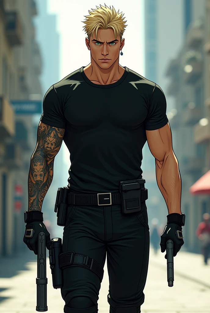 1 man alone, [Detailed history (Chicago, underworld, dark)], black hair, Dark hair, Italian hair, Clean hairstyle, Athletic and muscular man, Alpha male, masculine, tall man ((man wears a black suit, black pants , Specifications)) Using a rifle)), Correct tips, correct anatomy, handsome, eye details, Beautiful eyes, delicate eyes, black eyes, broad chest, broad shoulders, tiny waist, long legs, serious face, tattooed, black beard