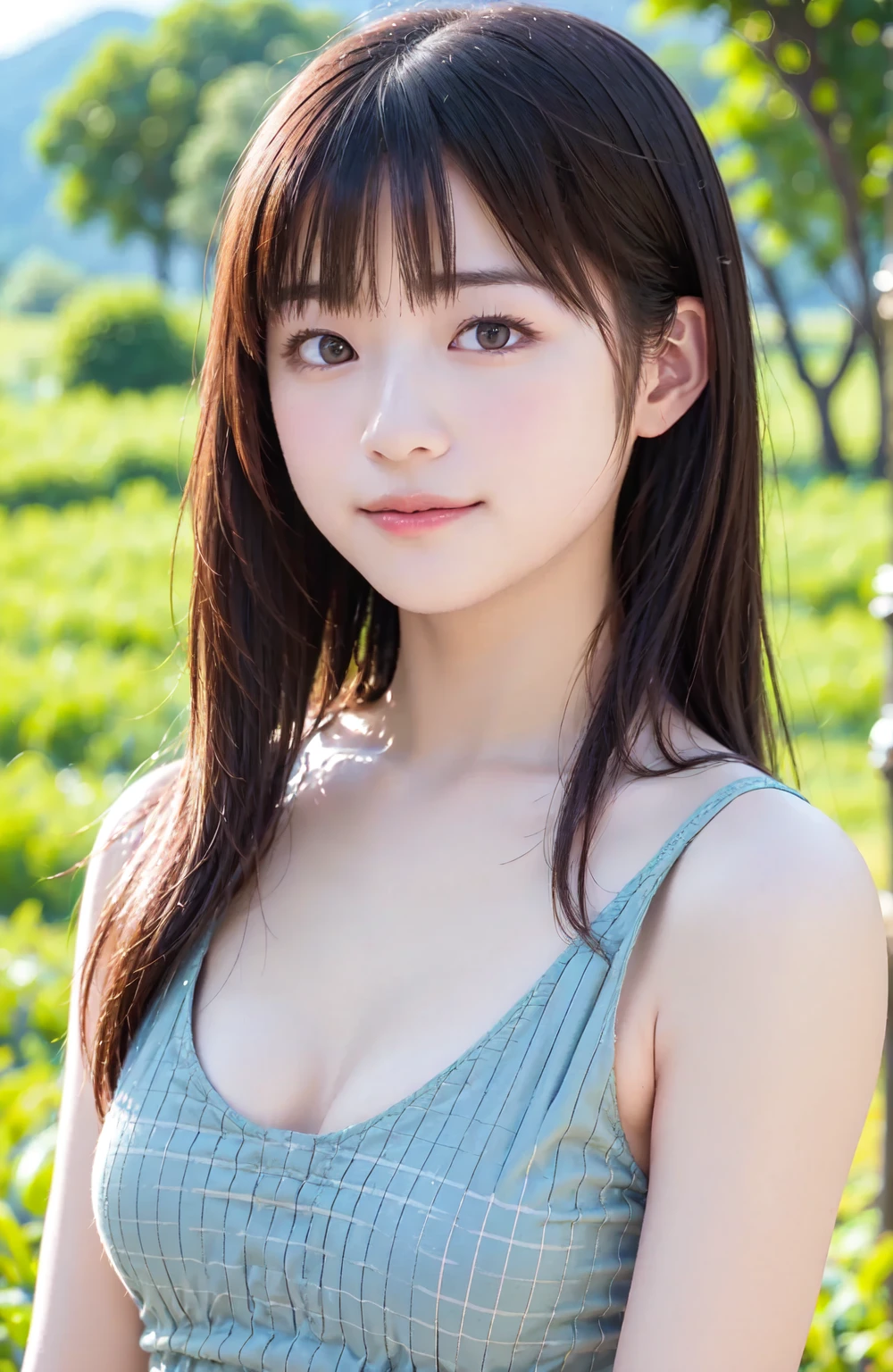 masterpiece, highest quality, 8k,Ultra-high resolution、Head to knee photo、 20th Generation, Large Breasts, cute, alone, sad, cute, girly, cute、Delicate girl, Pure beauty, RAW Photos, Professional photography, Soft Light, Professional Lighting, blue sky、sun、Backlight,(Top of the Hill),(Tall green grassland:1.1), avert your eyes, Sophisticated, Film Grain, (Eye and facial details:1.0), Floating Hair、Messy Hair、Wavy long hair、Asymmetrical bangs, Round face、Young Face、(Large Breasts:1.4)、nipple protrusions are clearly visible,、Cleavage、(A loose white camisole、gather、button)、(Micro Mini Skirt(Grayish light turquoise blue))、Voluptuous thighs、Translucent white skin、dolly make、(Odd Eye、Heterochromia iridis、The irises of each eye are different colors)