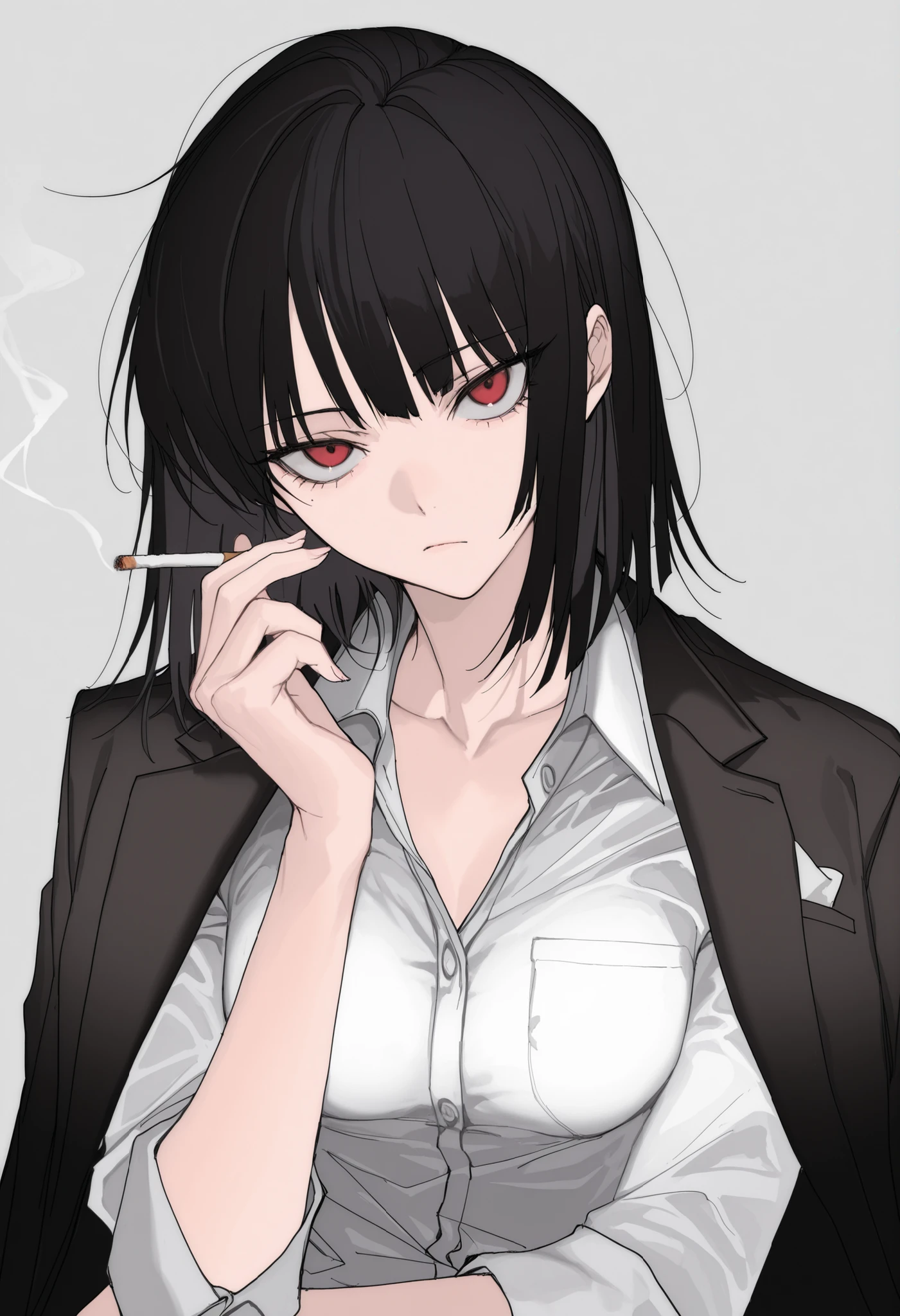 by kamikiririp, ryoshu (project moon), 1girl, solo, black hair, unkempt, wispy bangs, medium hair, messy hair, sanpaku, red eyes, small breasts, mature woman, dress shirt, black jacket, suit jacket, jacket over shoulders, cigarette, holding cigarette, smoke, head tilt, bored, looking at viewer, frown, grey background, simple background, masterpiece, best quality, amazing quality