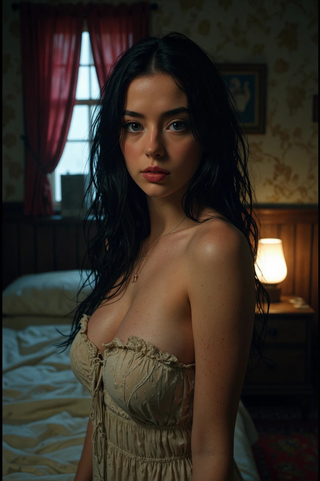 girl with long curly hair, Night scene in the movie theater, (best quality,4K,8ก,height,Masterpiece:1.2),Very detailed,(realistic,photorealistic,photo-realistic:1.37),incredible light,Mood swings,Mystical Shadows,Stunning shadow,incredible light,Drama pose,intense focus,complicated details,Volumetric light,movie corner,Framing a movie,chiaroscuro,bare,sexy