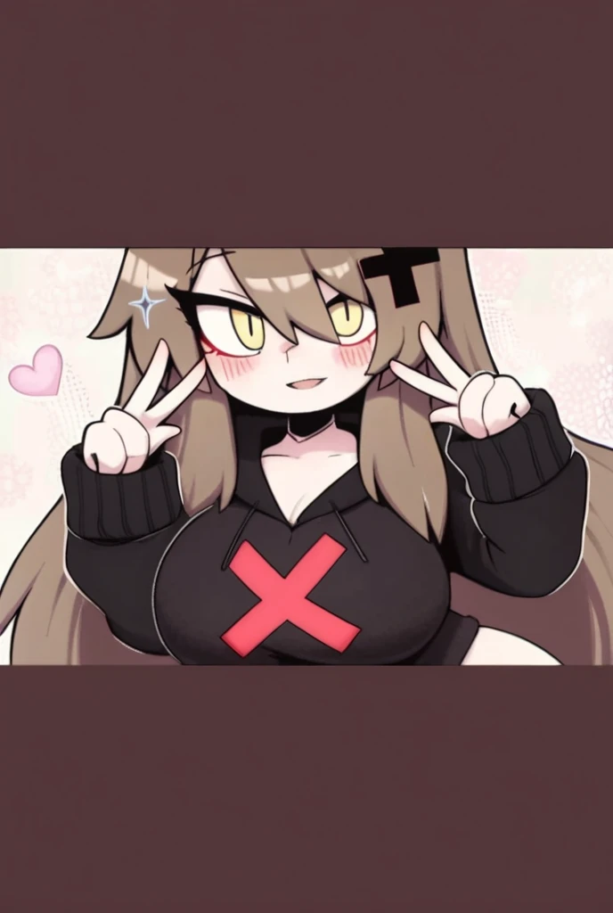 undertale, frisk, , brown hair , cute, profile picture, sexy, hot, looking at the viewer, suggestive, huge breasts, voluptous body, blue and purple stripes, red eyes, sweater, brown pants