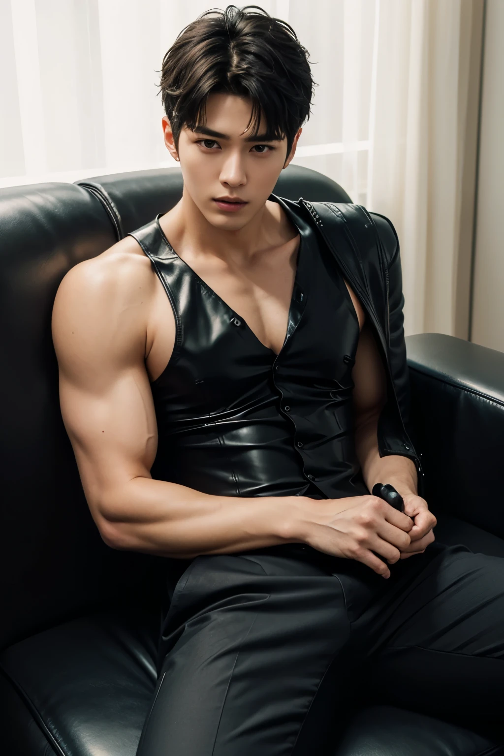 Muscular japanese guy,wearing tight black leather tank top,big biceps,muscular body, tall,6ft, leather pants, facing camera ,standing in hallway, lighting,shadow