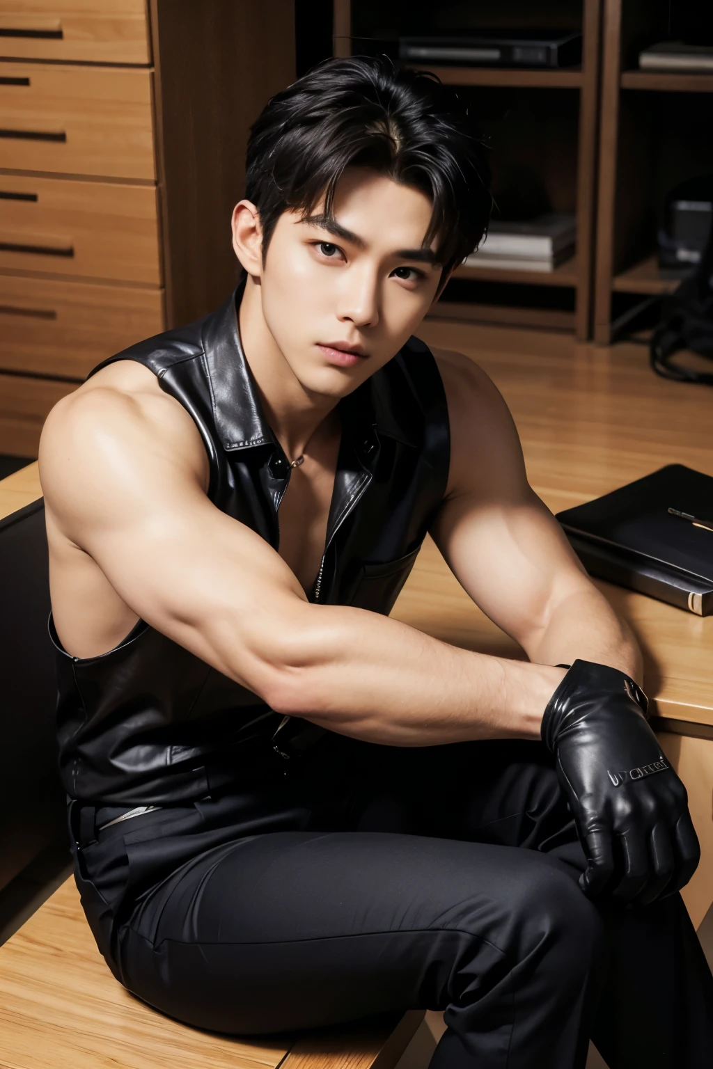Best Quality,hight resolution:1.2) an young asian male rapper with a short mullet hair, Fox Motocross gloves, Fox Motocross pants, mx boots, ripped hoodie, bulletproof vest, in the style war aesthetics, post war, post-apocalyptic world, photorealistic, sharp focus, raw photo,(photoshoot style), ,
