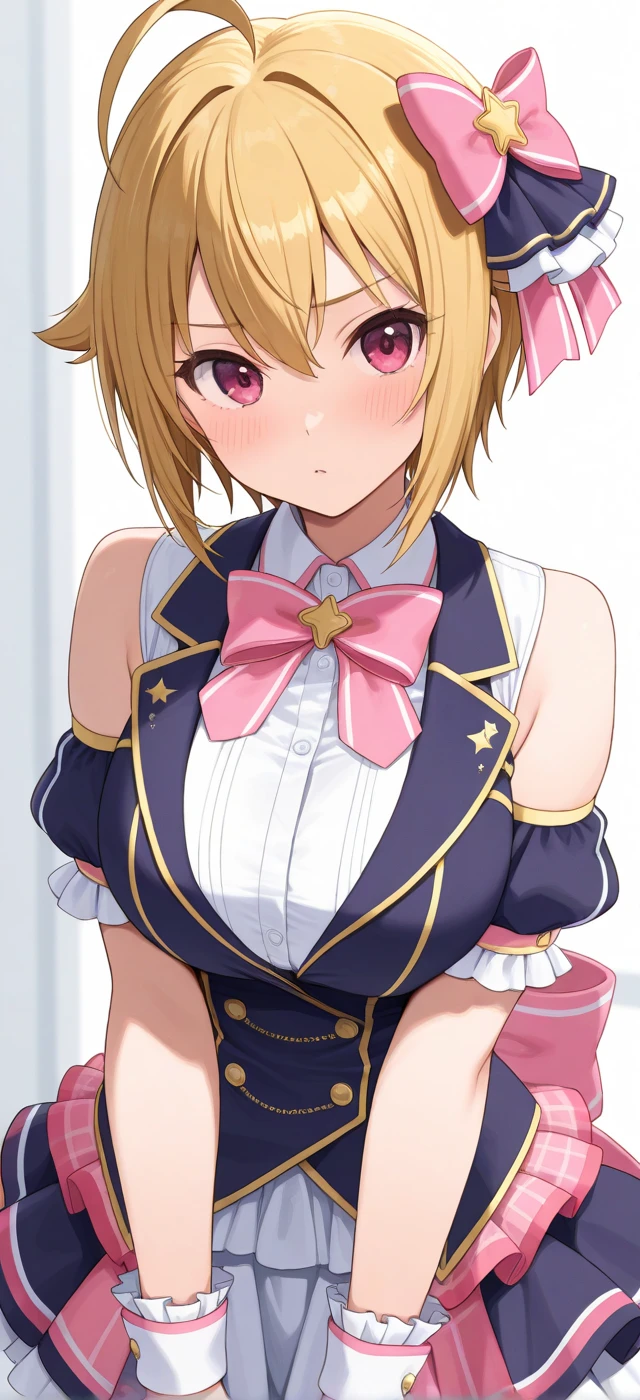 G-Cup masterpiece highest quality High resolution Blonde uniform student Skirt lifted Show your pants cute Momoi Saiba smile A slightly open mouth Light in your eyes Eye highlights