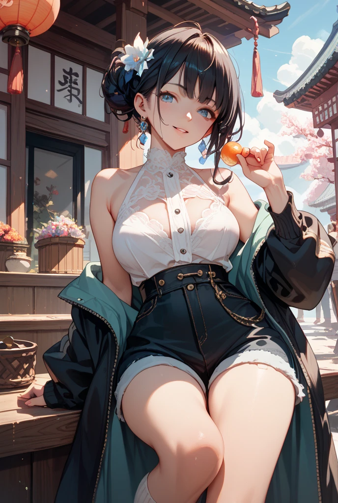 Stunning Beauty Voluptuous Javanese Wife. Smile. Wedding ring. Wearing only white cardigan, very short jeans hotpants, and white sneakers. Beautiful belly, beautiful waist, beautiful thighs, and beautiful legs. Full body photo, head to toes, wide angle. Background in public street. HD image, very detailed anatomy, very detailed background. A MASTERPIECE.