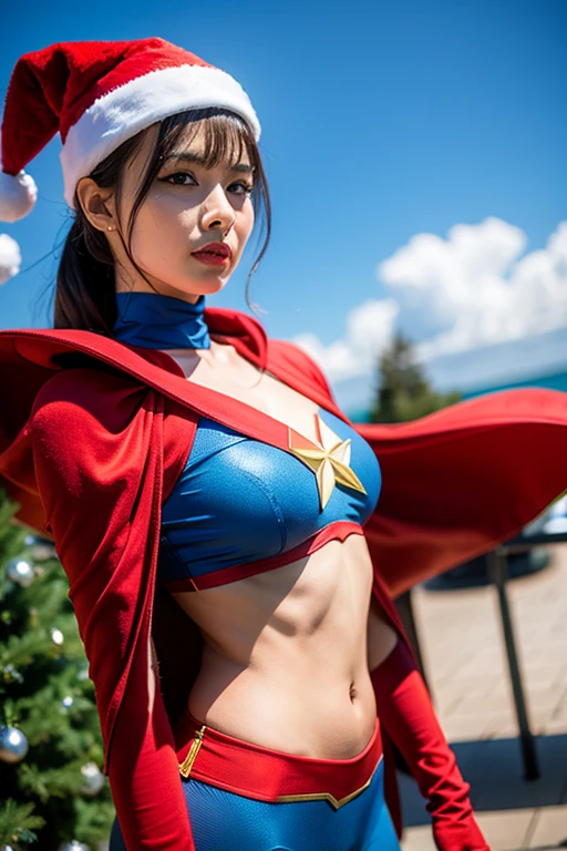 (Highest image quality, realistic depiction),(Body slippery with lotion,sweaty body),A beautiful woman expressing Captain Marvel with navy and red body paint.,(a choker,super tiny micro bikini),(a choker,fullnude),(Colossal tits)