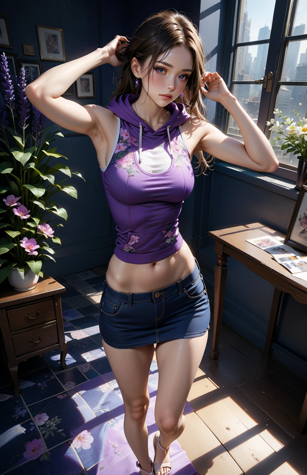 a girl, Thick belly button hoodie, long sleeve, (bare midriff, exposed navel), sexy abs, navel open,completely exposed abdomen, Low-rise hot pants,Expose your little belly,Mermaid Line, metal belt, cowboy shot, summer street, 8k, best quality, masterpiece, photorealistic, ultra-detailed, vivid colors, professional lighting, cinematic, dynamic pose, dramatic lighting, intricate details,Looking at the camera,Smile,Sweating on belly