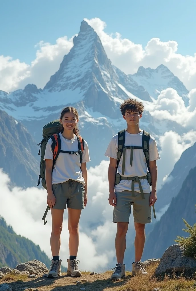 "Mountain adventure: On a trail or at a viewpoint with panoramic views, hold hands as you smile for the camera, Showing the emotion of the shared journey.”