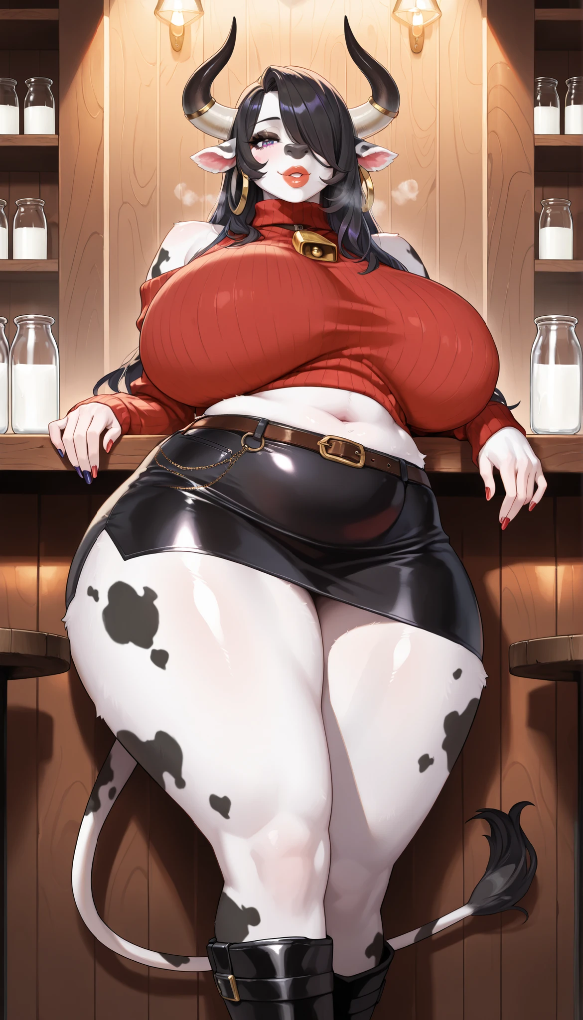 masterpiece, best quality, very aesthetic, absurdres, safe, masterpiece,best quality, amazing quality, very aesthetic,newest, 1girl, cow girl, ((huge bull horns)), cow tail, snout, furry, furry female, ((white fur)), (cow spots), mature female, mom, milf, motherly, purple eyes, ((thick lips)), (puffy lips), smile, parted lips, makeup, black eyeshadow, thick eyeliner, long eyelashes, red lips, black hair, hair over one eye, long hair, ((wide hips)), wide waist, tall waist, (((huge thighs))), huge ass, ((huge breasts)), [[sagging breasts]], navel, [chubby], tall, [long legs], red sweater, bare shoulders, black miniskirt, belt, long black boots, cow bell, (big hoop earrings), [[long painted nails]] ((sexy pose)), (posing), hip and thigh focus, (breath), indoors, bar, wooden walls, realistic lighting, milk bottles, leaning back, bar counter, dutch angle
