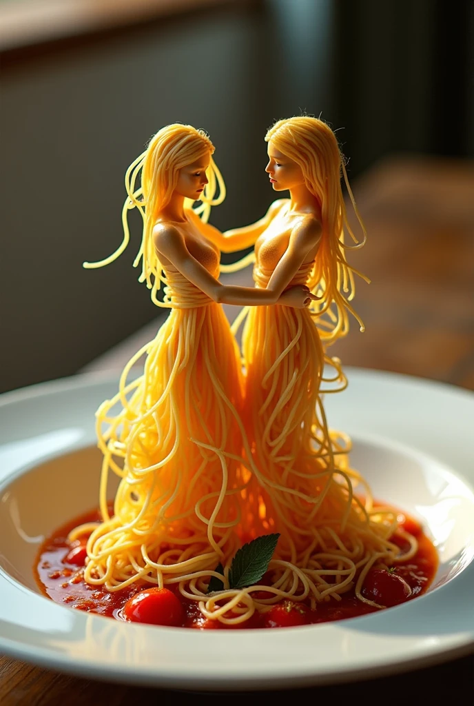 A hyperrealistic 8K photograph of a bowl of spaghetti carbonara. Two spaghetti noodles, anthropomorphized as elegant figures, are dancing a waltz in a golden, sunlit Italian piazza. The image is captured with a macro lens, focusing on the intricate details of the noodles and sauce