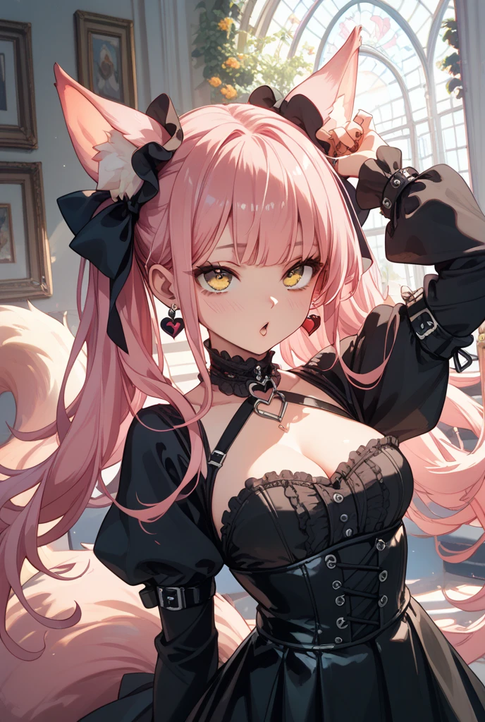 ((((1girl)))), pink hair, ahoge, (curly hair), ((very long hair)), ((half-closed eyes)), bear ears, (((fang))), ((((dark skin)))), ((huge breasts)), ((brown eyes)), (thick thighs), ((thick lips)), ((wide hips)), (thighhighs), ((pink oufit)), ((lace)), ((long eyelashes)), super detailed, ((cleavage)), ((best quality)), highres, UHD, textured skin, ((pink)), ((indoor)), ((tongue out)), ((drooling)),