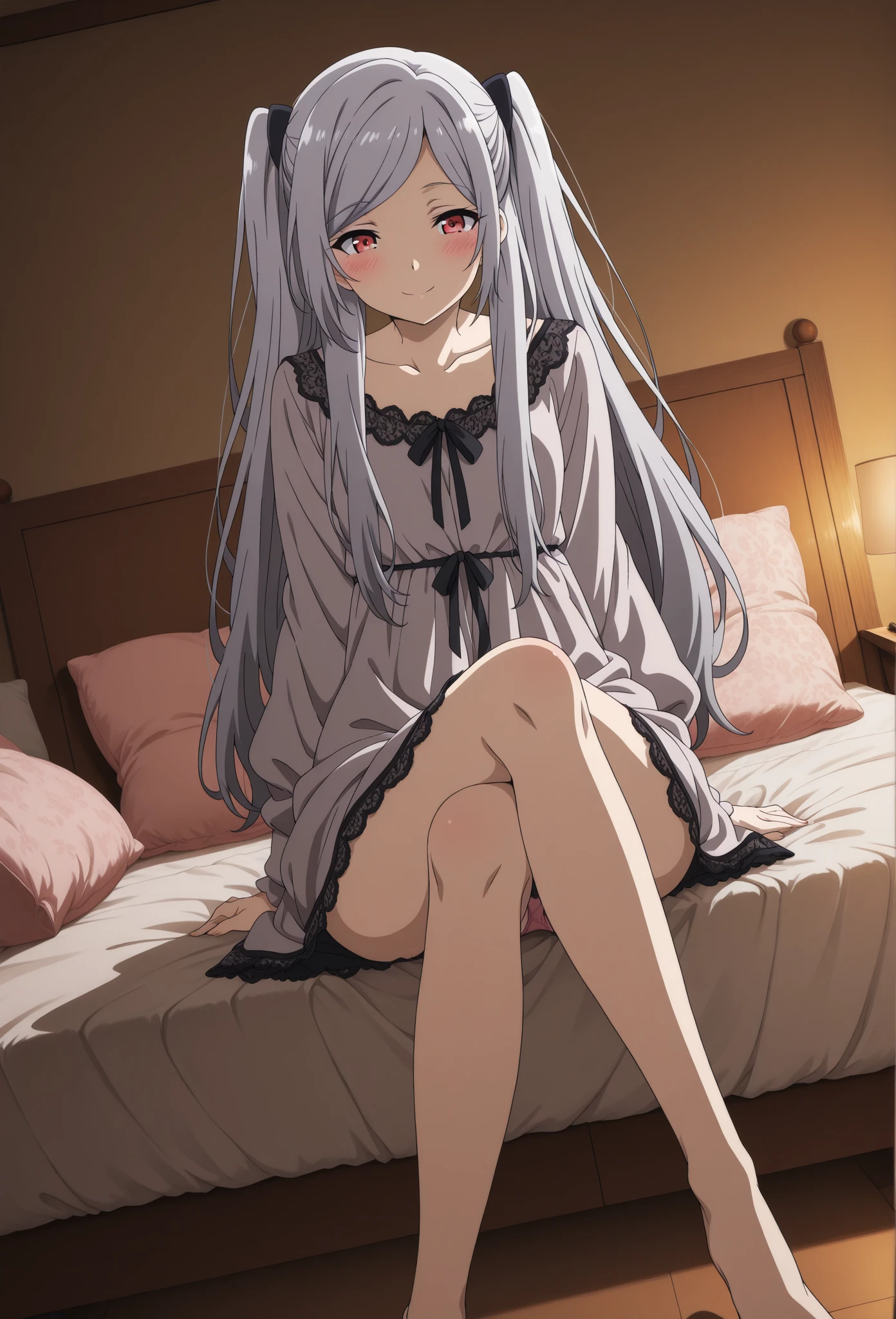 masterpiece, best quality, highres, nn1,1girl, long hair, sitting, bed, night dress, looking into viewer, smile, blush ceek, sexy pose, hands behind, medium breast, breast out, lace lingerie, black night dress, open clothes, collarbone,