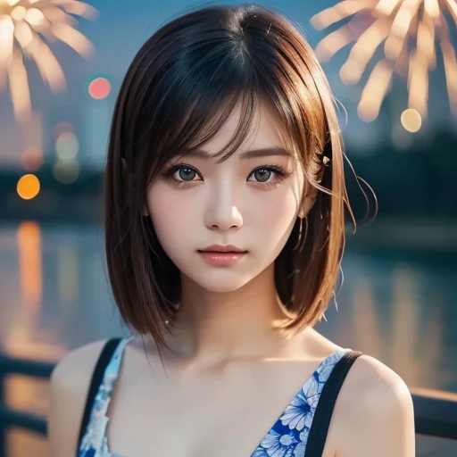 top-quality、finely detail、(((Beautiful One Girl)))、extremely detailed eye and face、skyrocket、bath robe、Looking up at the fireworks、Bundled hair、Fans、huge-breasted