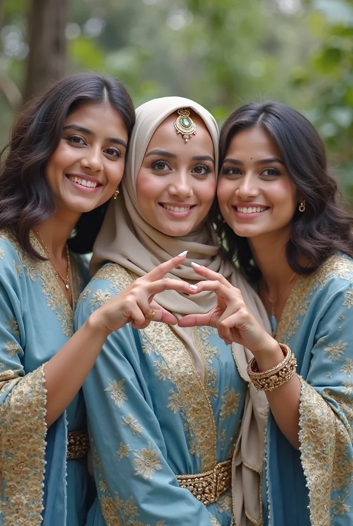 Four hijab girls of 18 years, wearing jewelleries, standing near the masjid, they are smiling, write their name Munawara, Rabab, Humaira and Zareen on their hijab in urdu