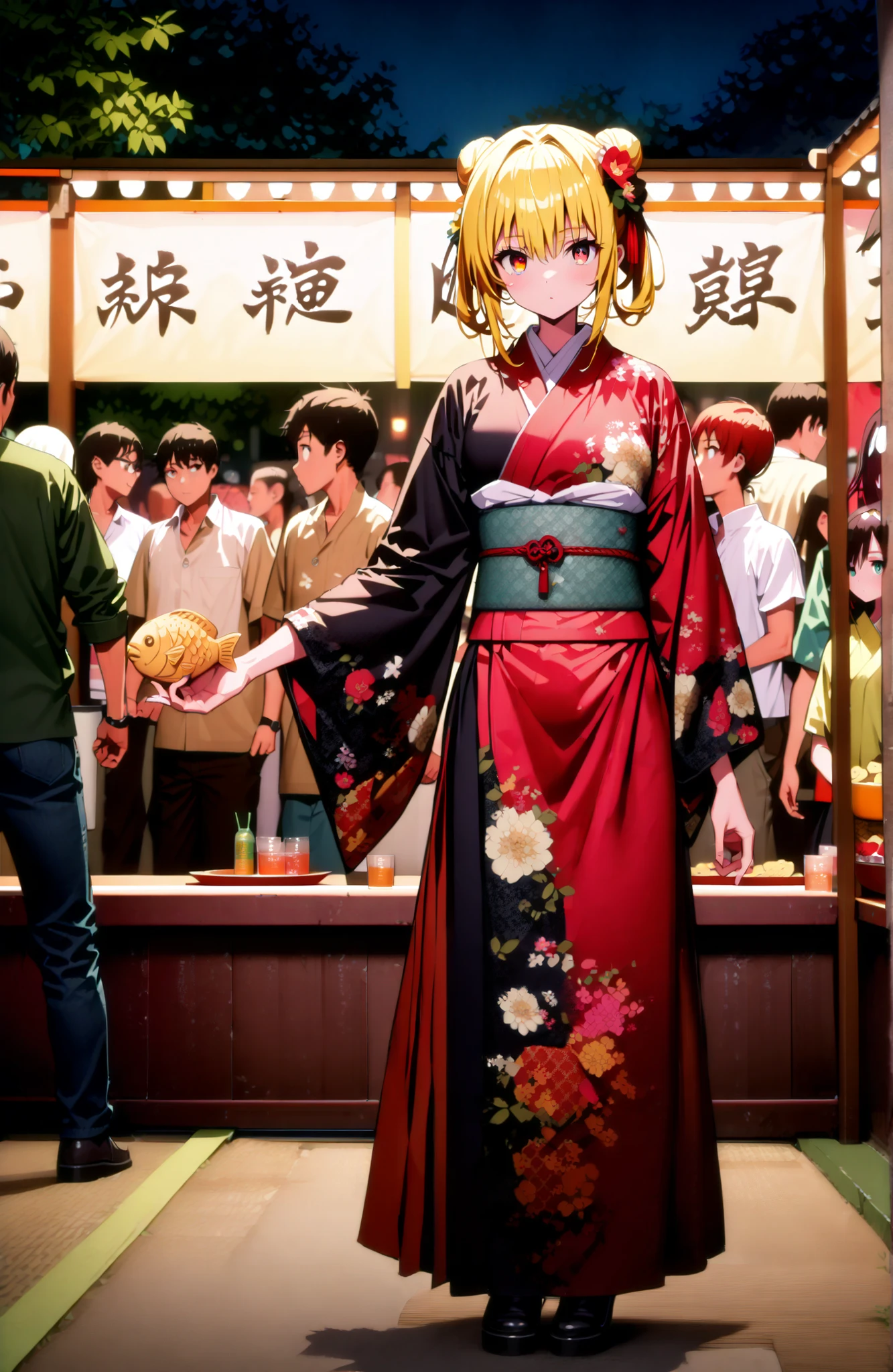 score_9, score_8_up, score_7_up, sauce_anime,
toloverudarkness, darkness, yellow hair, red eyes sitting on toilet seat,side lock,bun hair,Nape,flower hair ornament,Yellow flower pattern kimono ,standing,Holding a taiyaki in one hand,Light up fireworks,Japanese stalls ,night,Red Lantern,crowd,full bodyがイラストに入るように,break outdoors, Japanese Festival ,
break looking at viewer,full body,
break (masterpiece:1.2),top quality ,Kampala,unity 8k 壁紙,(shape:0.8),( fine, beautiful eyes :1.6),It's a person ,full body写真,CG Details , (perfect hand in h,Complete Anatomy),