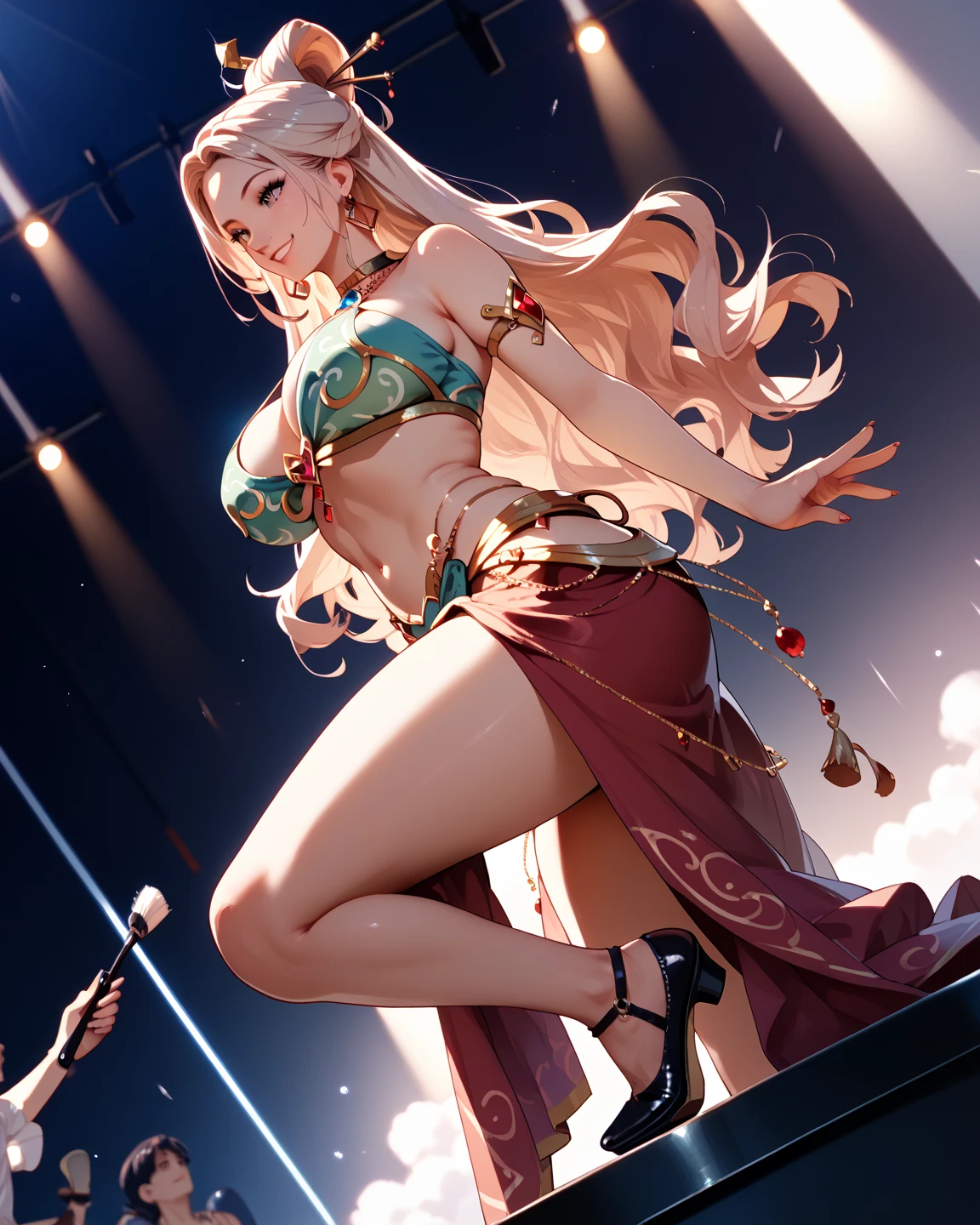 with taylor swift's face, Best quality, masterpiece, ultra-detailed high res, (photo-realistic: 1.4), raw photo, illustration, 1girl dancing, (solo: 1.2), (cowboy shot: 1.2), (crown hair: 1.2), traditional Chinese dunhuang style lace clothes, strapless, (red eyeliner: 1.2), (medium breasts: 1.4), (v-neck: 1.5), (large necklace: 1.4), lace armor, (beautiful eyes: 1.4), (looking at the viewer: 1.5), earrings, dynamic angle, Opera House, messy_long_hair, paint, cinematographic lighting, lens_flare, velvet, chrysanthemum, Tassel, ribbon, embroidery color, white rose gold blue violet green