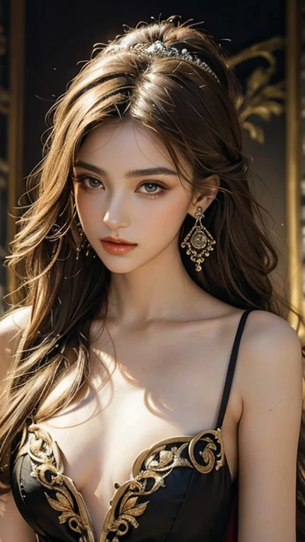 (masterpiece), perfect anatomy, intricate, (highly detailed), masterpiece, photorealistic, perfect anatomy, cinematic lighting, shading, super detailed skin, beautiful detailed eyes, best quality, ultra-detailed, ultra-detailed, looking at viewer, (extremely delicate eyes:1.3), A portrait of a young woman with an elegant and sophisticated style. Her hair is pulled back into a ponytail with loose strands softly framing her face. She wears dark brown batik shirt, the portrait should exude poise and fashion-forward elegance. , Abstract Neoralism, (((slim figure, small breast))) ,Beautiful