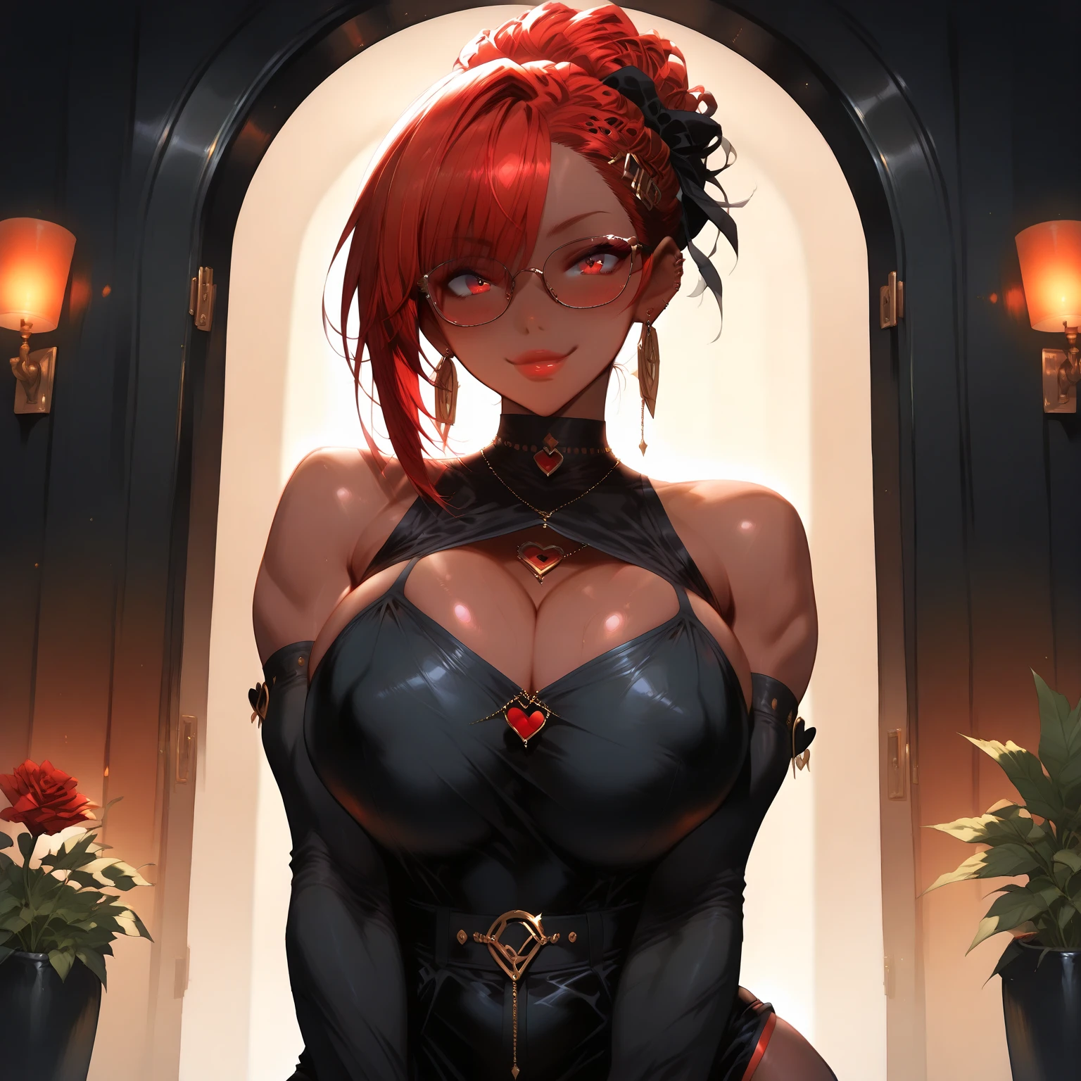 red-haired, 1girl,, short hair, many tattoos,, black dress, long dress, big breasts,