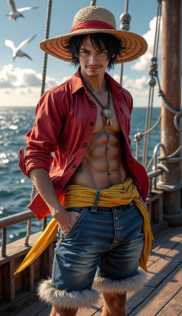 Realistic, highres, Monkey d. Luffy from one piece, A 25-year-old young man with short black hair, wearing a straw hat with a red ribbon. He is dressed in an open red jacket without buttons, revealing his muscular chest with a large X-shaped scar. Luffy is also wearing blue shorts and sandals. His hands are wrapped in bandages, and he is often seen with a wide smile and a confident posture. The background is a tropical island or ocean, reflecting his adventures as a pirate, realistic, cinematic, 4k