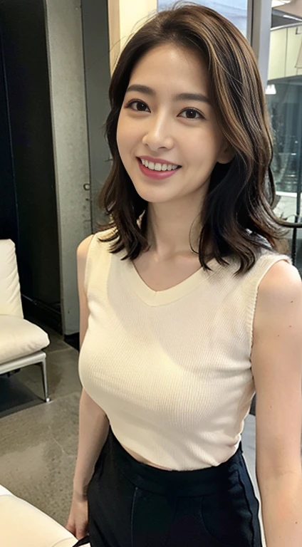 ((中景 the scene is、Two-thirds of the body standing))top-quality、tmasterpiece、超A high resolution、(Photorealsitic:1.4)、A Japanese lady、48-year-old woman,ssmile,Wavy brunette hair、Silk、Cropped sleeveless T-shirt,Yoga pants for(huge boob:1.4)、standing on your feet:1.2,Lively streets,Get wet,Slightly chubby body:1.2,Straight body,Slightly chubby face:1.2,Wrinkles at the corners of the eyes,There are wrinkles at the corners of the mouth,perfect bodies,