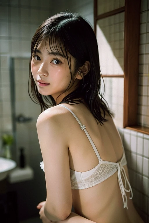 (8K, RAW Photos, Highest quality, masterpiece: 1.4), (Realistic, photoRealistic: 1.4), Super detailed, Ultra-high resolution, One Girl, Beholder, Beautifully detailed face, smile, (Slim waist: 1.0), Beautifully detailed skin, Skin Texture, Floating Hair, Professional Lighting, Middle Chest, Kind eyes,(small breasts:1.5), (beautiful nipples:1.9),(undressing:1.9), (:1.0), (law panty:1.5), (wet white bikini and vest:1.31),(Feather Cut:1.0), (petite:1.0),(upper body:1.0)