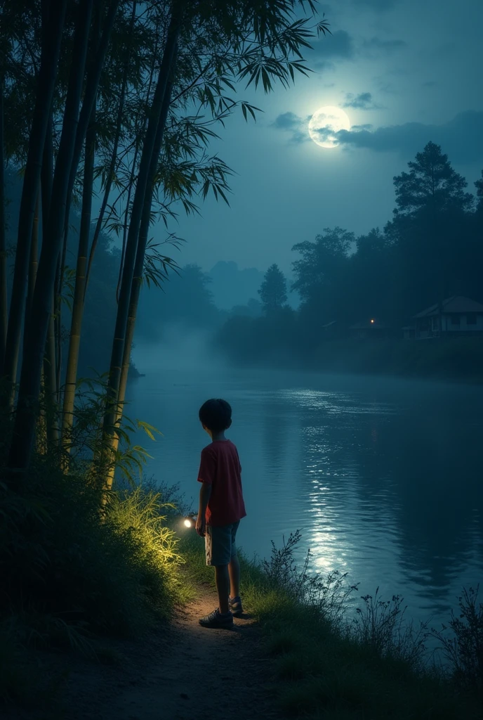 A young Chinese boy playing alone with sand in the evening with a reflection of moon providing ray of light on the boy in a dark place