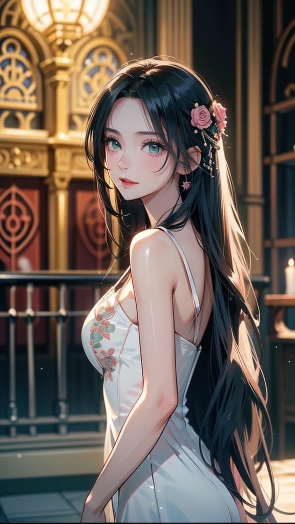 best quality, masterpiece, highly detailed,1girl, ((rose)), (vine), cage, bandage, red rope, (detail light), falling rose petals, Boa Hancock,, (masterpiece:1.5), Detailed Photo, Smiling,(8K, Photorealistic, Best Quality: 1.4), (1girl), Beautiful Face, (anime realistic Face), (Black Hair, long Hair: 1.3), Beautiful Hairstyle, Realistic eyes, beautiful detail eyes, (realistic skin), beautiful skin, (sweater), absurd, attractive, ultra high resolution, ultra realistic, high definition, golden ratio, backwards, looking back
