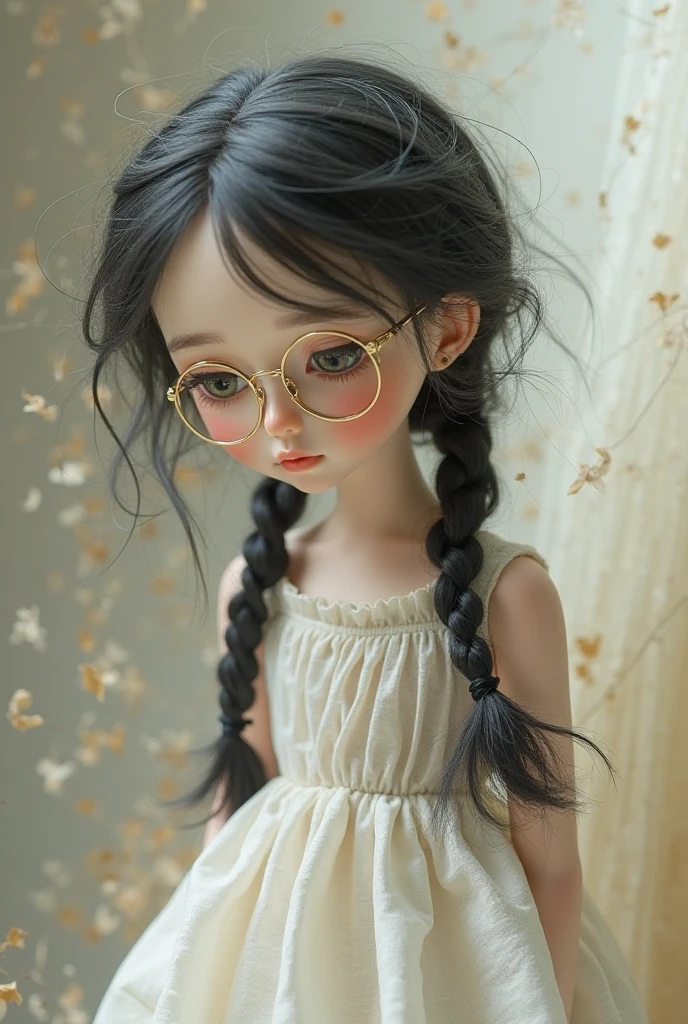 Light brown doll wearing glasses, black medium hair, withe dress 