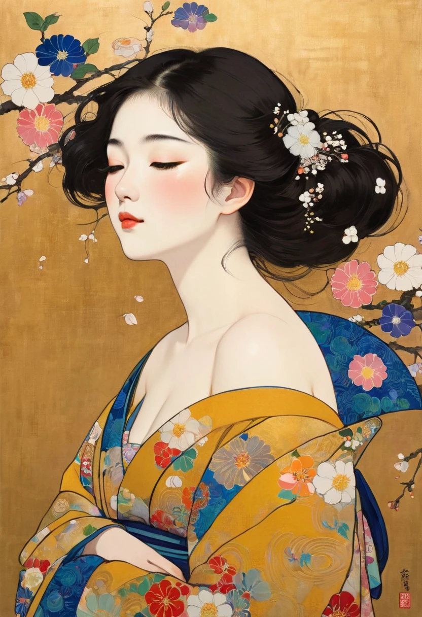 Masterpiece Japanese Painting, Klimt Style Masterpiece, flat art, crepas with a slightly round face,  Unrealistically beautiful,  lots of flowers , Japanese woman with flat illustrations, 40 years old, Off Shoulder, full body, Picture drawn with a simple, Protruding chin,  feels good, lots of petals dancing in the style, disheveled hair, Alluring Gaze、sitting,