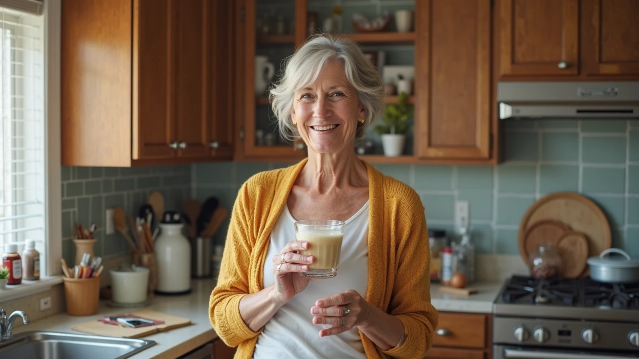 happy 60 year old woman with big cleavage, big boobies, sitting drinking coffee