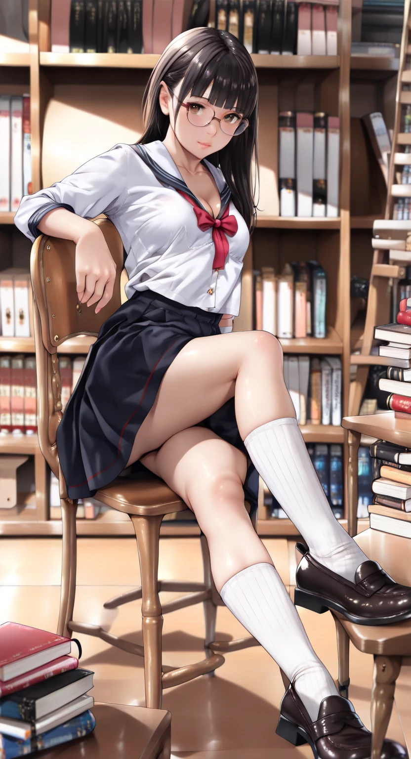 (High School Uniform:1.5)、(Spread your legs)、(Rich color expression)、(Big Breasts)、8K resolution、 masterpiece、((Highest quality))、Anatomically correct、The girl is alone、(I narrowed my eyes a little.:2)、(Flower Hair Ornaments)、(tie)、(ribbon)、((Hasselblad Photos))、[:(Detailed face:1.2):0.2]、(Squat)、(Grin)、(library)