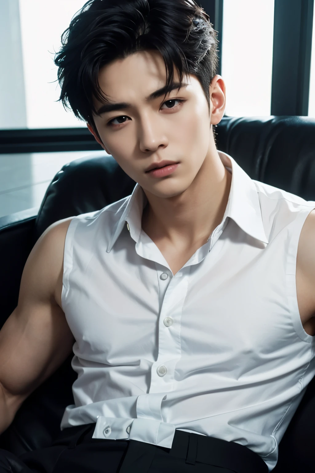 (A asian pretty Boy, cute boy, Nude posing:1.1), (absurdres, realistic, masterpiece:1.2), RAW photo, best quality, 8K,1boy, ulzzang boy, chinese idol, very handsome, perfect face, intricate detail, Extremely detailed, (photorealistic:1.5), professional photography, Bright colors, Clear focus, young, slender, muscular, slim muscular, (perfect hands, 5 fingers) , Comb-over hairstyle, Black short hair, clear and beautiful detailed eyes, perfect eyes, Playful expression, soft skin, detailed skin, spread legs, looking at viewers, detailed highlights and shadows, Excellent body proportions, Correct anatomy, male focus, (Topless, open transparent tulle jacket:1.2), (white short pants:1.5), Potted plants, flowers, (roof, Skyscraper, balcony:1.1), Glass Wall, Studio Lighting, gentlesunlight, Cinematic Lighting, Warm colors, full-body shot, 