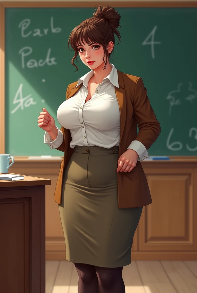 detailed illustration, dynamic angle, ultra-detailed, illustration, 1girl, 28 year old, milf, white Oxford shirt, long wool skirt, open brown jacket , stockings, high heeled shoes, thick rimmed glasses, thick thighs, wavy brown hair, hair in a tight bun, bangs, bright brown eyes, cleavage, large sagging breasts, standing in college class room, lecture podium, reading from notes, chalk board, stern, professional, droll, annoyed, wide child bearing hips, trace of white powder on nose,
