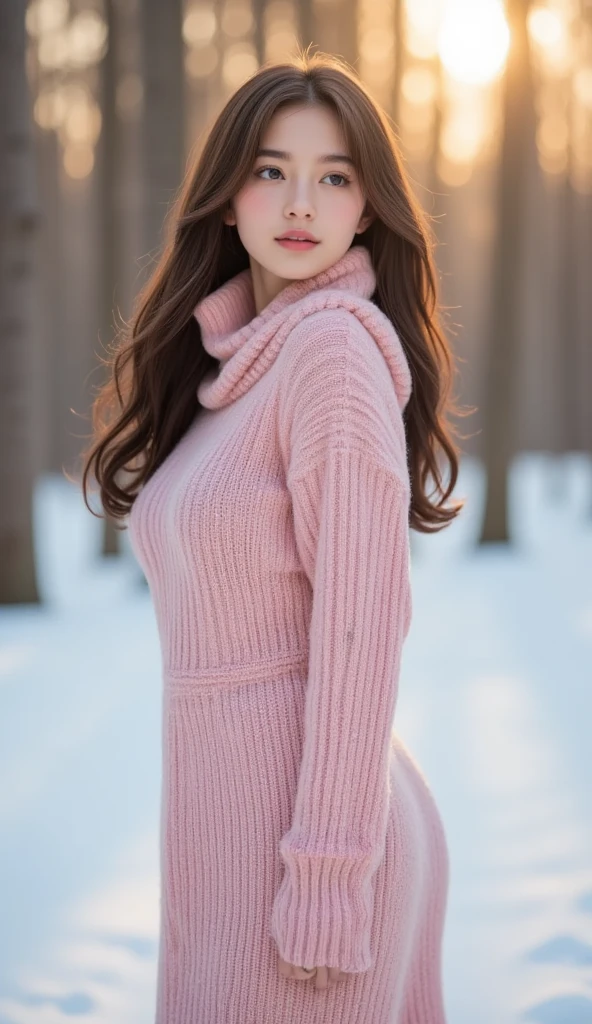 (table top、highest quality、8k、Award-winning work、ultra high resolution)、one beautiful woman、(Turtleneck long knitted sweater dress and thick fur coat:1.2)、Exactly、brown hair、(The most natural and accurate pink long scarf:1.2)、Very long wavy hair、epic movie lighting、(romantic love feeling:1.1)、(The most romantic and moody atmosphere:1.1)、winter、snow scene、It&#39;s snowing、Norwegian city covered in snow、look at me、(Big breasts that are about to explode:1.1)、(Most emphasize the body line:1.1)、very long hair、blurred background、accurate ???????、ultra high definition hair、Perfect and beautiful teeth in ultra high resolution、Ultra high definition beauty face、ultra high definition hair、Super high-definition sparkling eyes、Shining, ultra high-resolution beautiful skin、ultra high resolutionの艶やかな唇、(close up of face:1.3)
