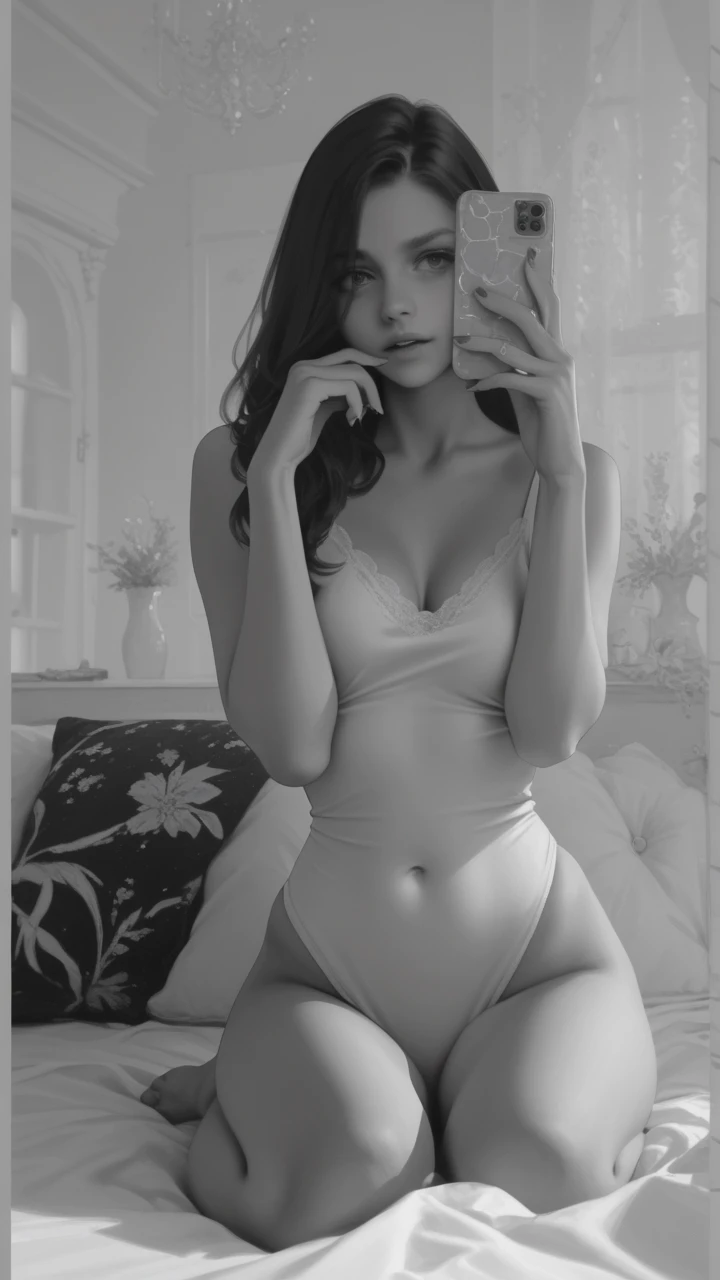 black and white image, super detailing, beautiful young girl in the bedroom, The perfect female face, Detailed eyes, slender long legs, Bright sunlight