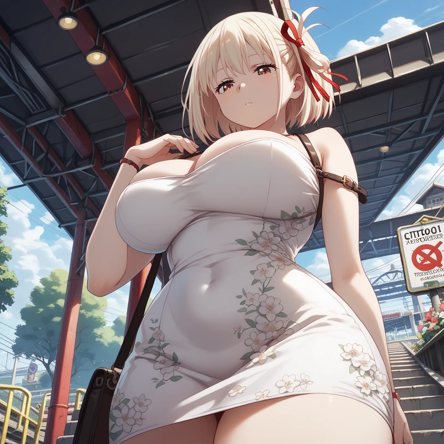 1girl,alone,chisato nishikigi,masterpiece,best quality,high resolution,looking at viewer,detailed,detailed eyes,short hair,dull blonde hair,headband,large breasts,medium waist,wide hips,wide thighs,body curvy, dynamic pose, sweater dress, red sweater dress, sleeveless, turtleneck, night, street, ribbed sweater, smile, open mouth, position, looking back, from behind, focus on ass, pov (from below) ,standing, (1girl),(solo),perfect anatomy,perfect hands
