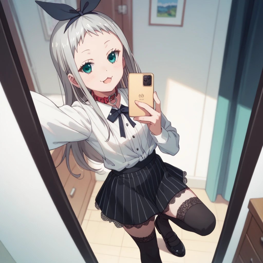 A anime school girl taking a selfie without her bra smiling mischievously wearing thigh high socks white hair blue eyes