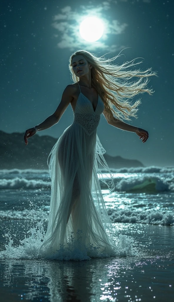 Dark wet ink digital rendering on silk of a stunning exotic blonde woman with tousled hair, wearing a short, flowing white dress, walking through dark water. Dark moon in front, haunting, ghostly light, touches of horror color.