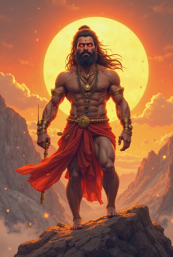 शांतिपूर्ण hanuman ji hath jade kade h के साथ सूर्यास्त का दृश्य]