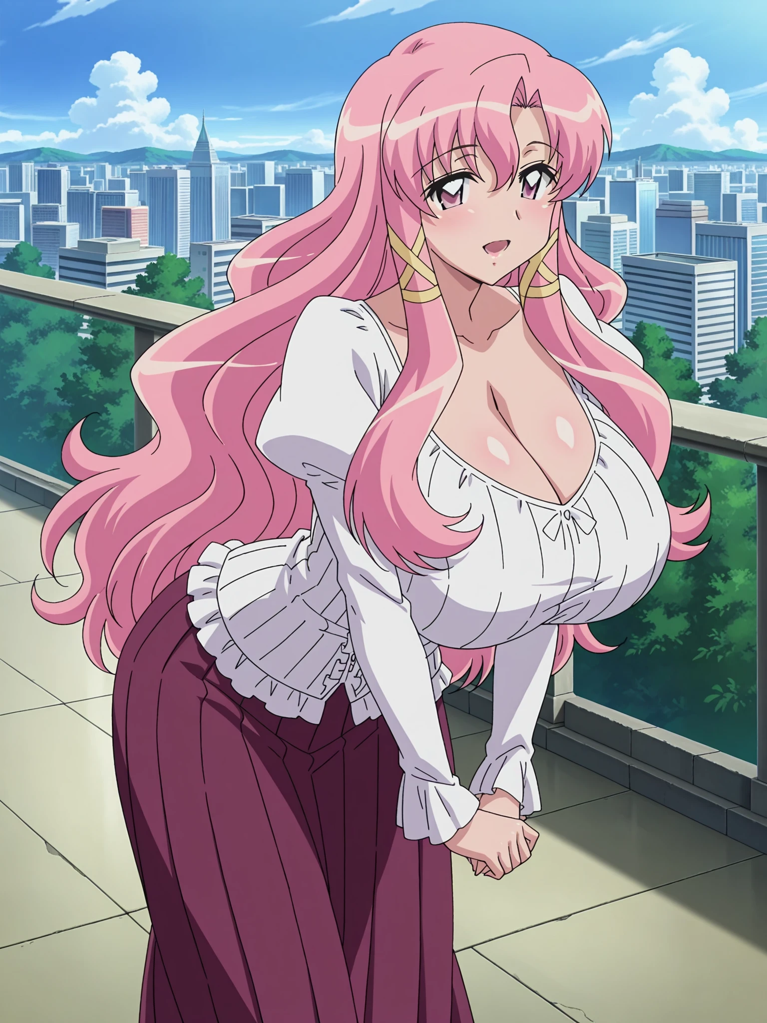 1 girl, pink hair, long hair, pink eyes, smile, sexy body, big breast, HDR, 8K, stand in the center of image looking at you, in the city at night wearing a sexy yukata