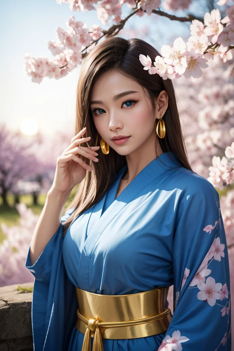 2 Lovely Japanese girl in Kimono, in colorful dress, in a autumnal garden, wisteria vines, A warm and soft moon night image, Spring time, golden lighting, where which shows through in her honey brown skin tone, in her mid-20's, with a slim, athletic body build, heart-shaped face, adorned with dark brown peppered with blonde highlights, shoulder-length hair and subtle, warm undertones to her smooth, almond-colored skin, her eyebrows gently furrowed, and her full lips curled up into a gentle, reassuring smile.e.