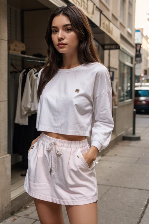 Chica blanca con pelo negro ojos azules con una camisa blanca y un mini shorts de mezclilla con enormes pechos y un enorme trasero
